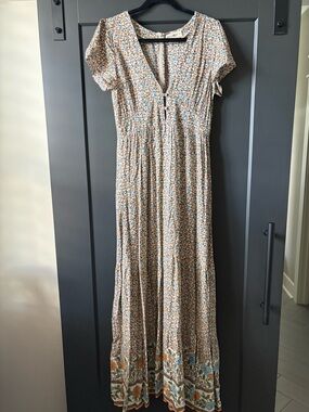 NATURAL LIFE Evangaline Cream Maxi Dress with Blue and Peach Floral Print